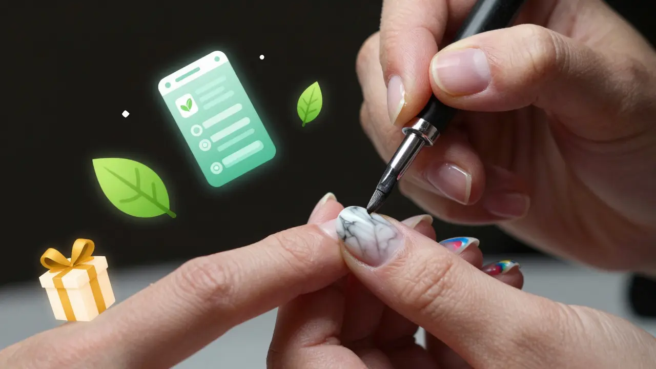 Detailní záběr na tvorbu složitého nail artu a dekorací