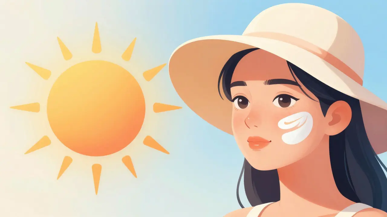 Ilustrace ochrany pleti před sluncem pomocí klobouku a minerálního krému SPF