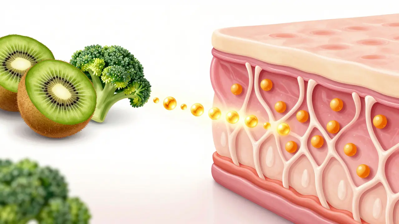 Ilustrace syntézy kolagenu v kůži pomocí vitamínu C z potravin