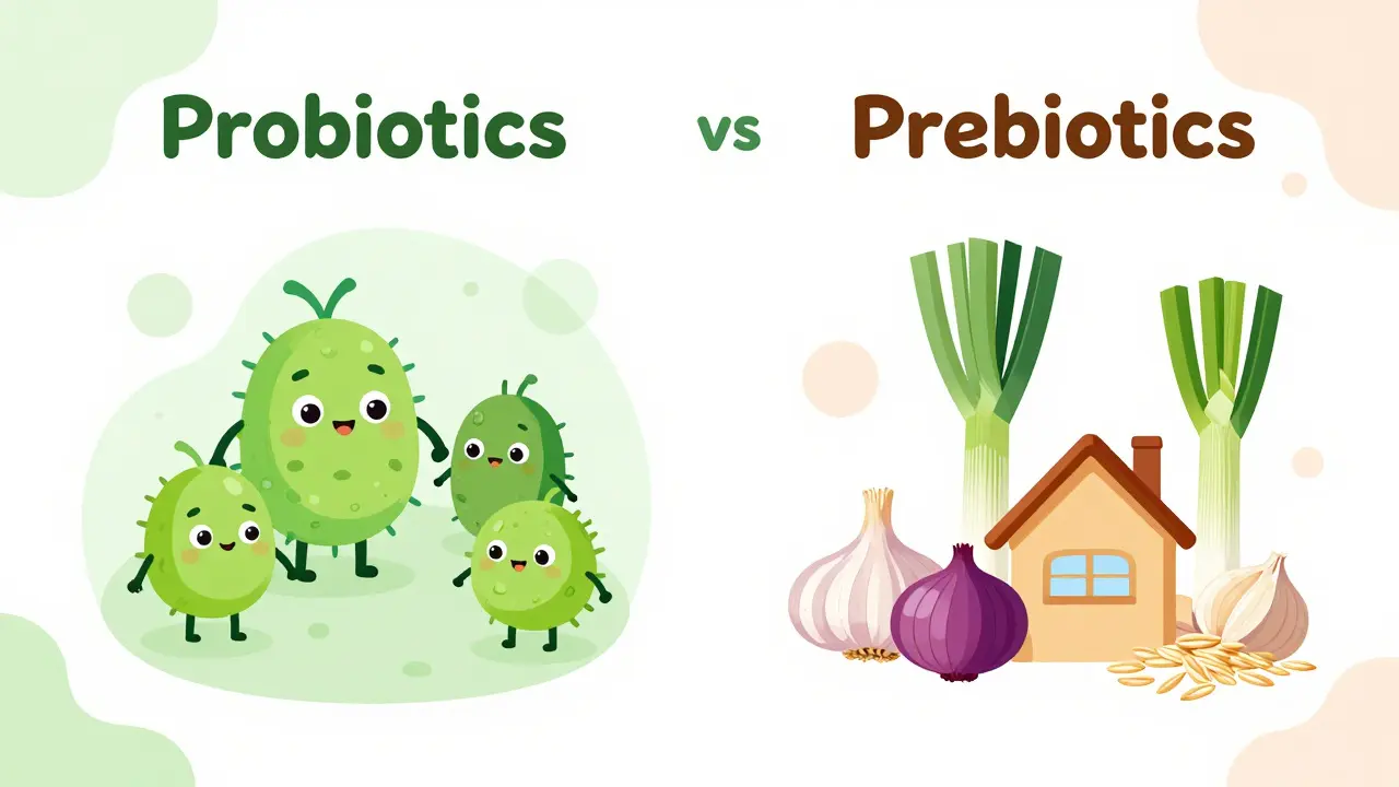 Ilustrace ukazující probiotika jako bakterie a prebiotika jako jejich potravu