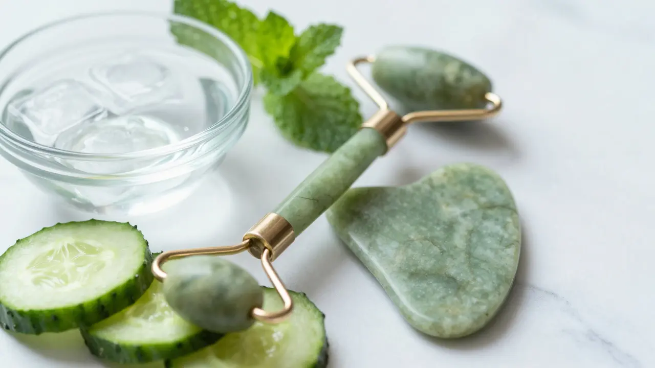 Jade roller, gua sha a čerstvé okurky na mramoru