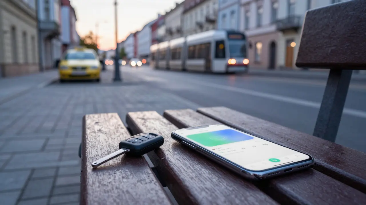 Klíče od auta na lavičce poblíž taxislužby a tramvaje