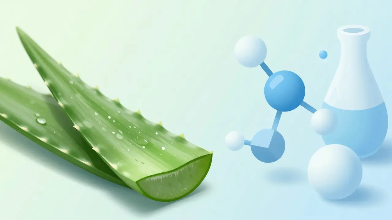 Konceptuální ilustrace spojující přírodní aloe vera s vědou o pleti