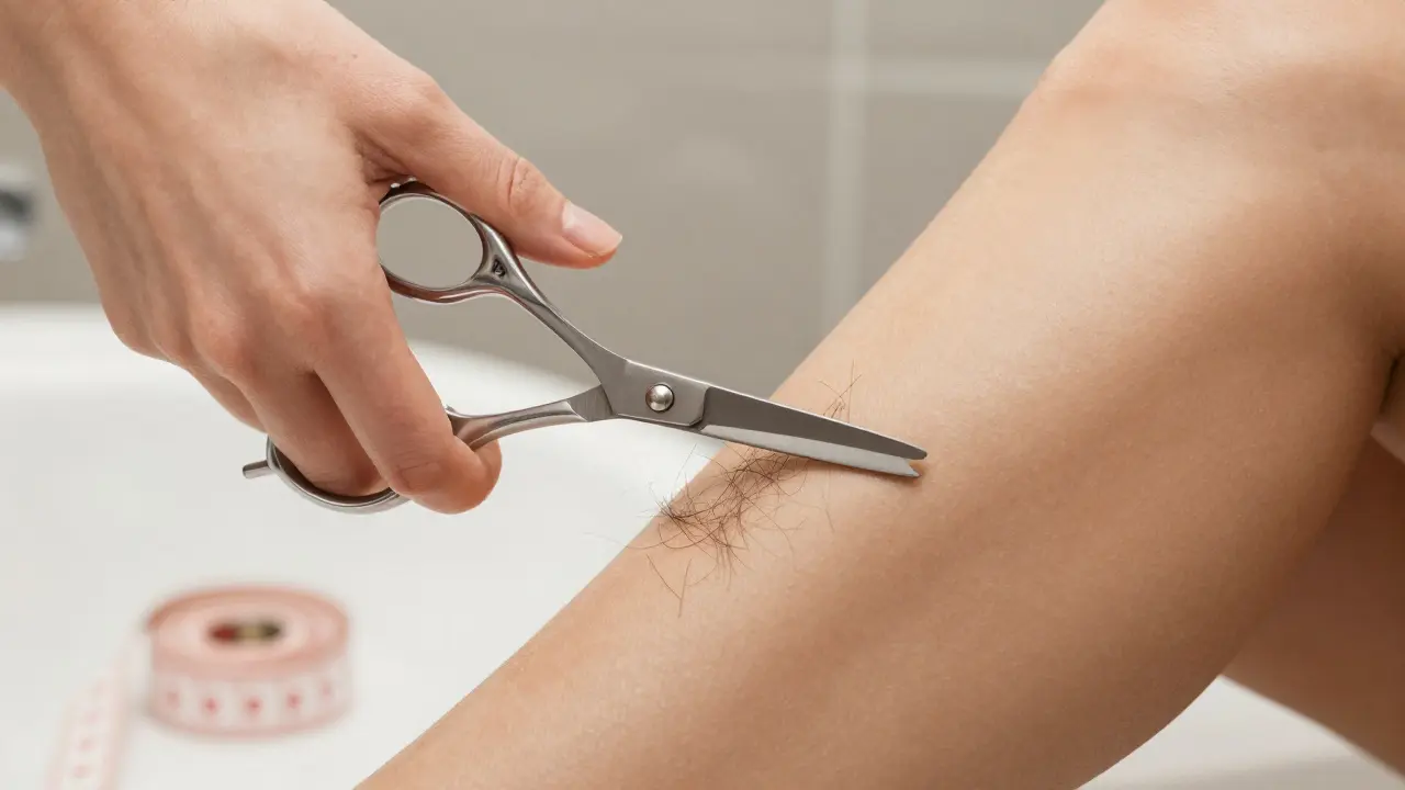 Ženská ruka stříhající chloupky nůžkami pro ideální délku před depilací