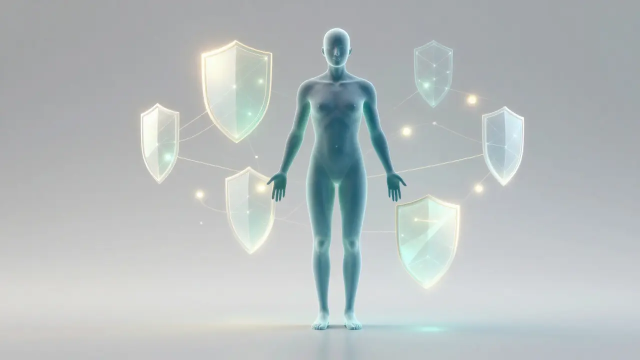 Abstraktní ilustrace posíleného imunitního systému člověka