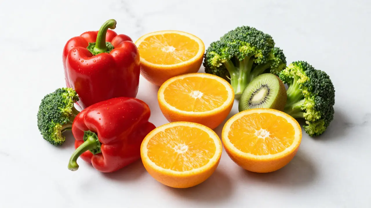 Čerstvé ovoce a zelenina jako zdroj vitamínu C na bílém mramoru