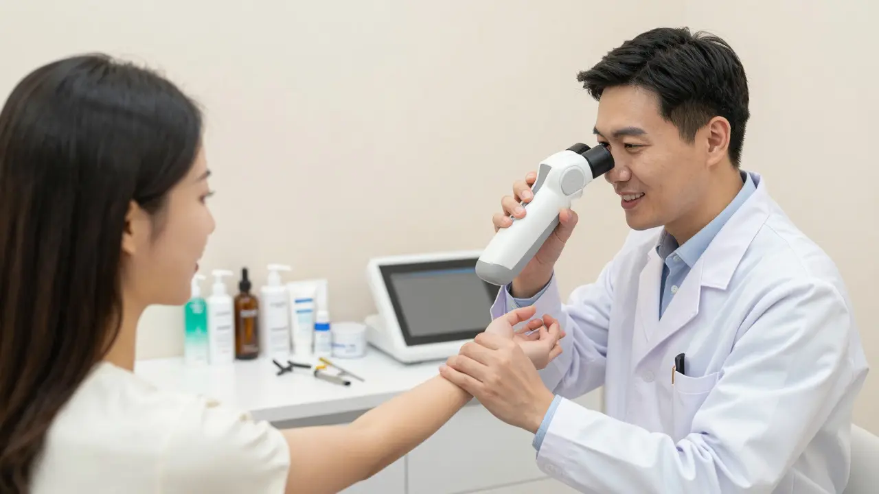 Dermatolog vyšetřuje pacienta pomocí dermoskopu