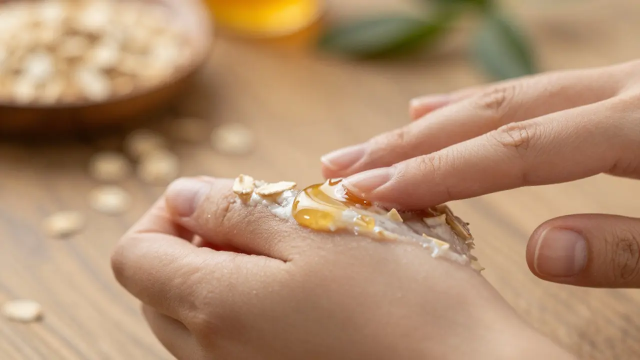 Detailní záběr rukou nanášejících přírodní ovesný peeling s medem na pleť