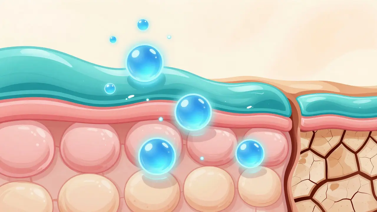 Ilustrace hydratace kožních buněk a ochranné bariéry pleti