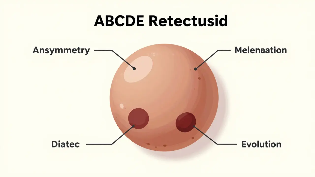 Ilustrace pravidla ABCDE pro detekci melanomu