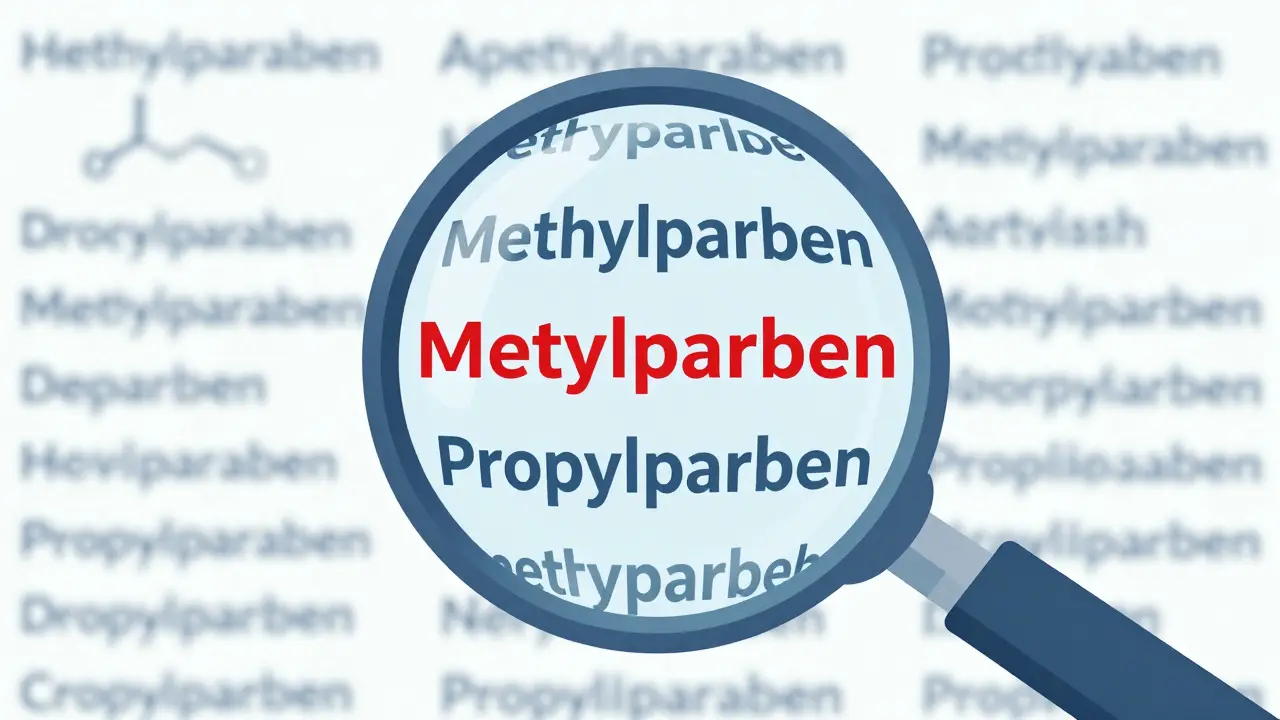 Lupa zvýrazňuje slova končící na paraben v seznamu ingrediencí