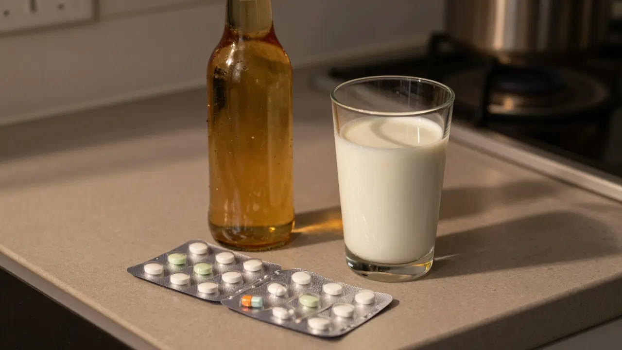 Pivo a mléko vedle balení antibiotik na stole