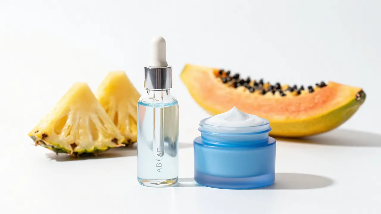 Skleněná lahvička séra a ovoce pro enzymatické peelingy