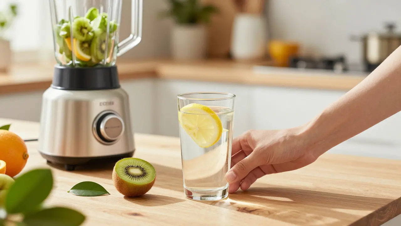Sklenice vody s citronem a kiwi na snídani