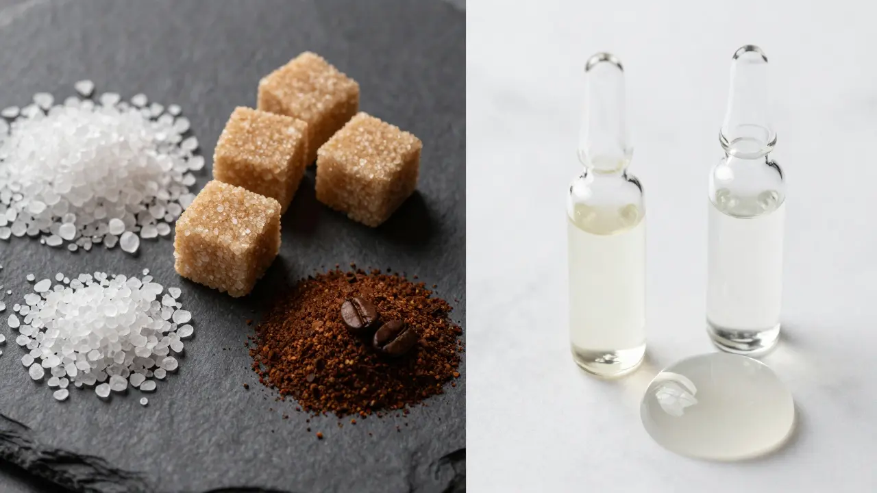Srovnání ingrediencí: sůl a cukr versus kyseliny pro peeling