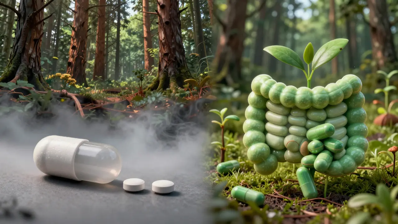 Vizuální metafora: antibiotika ničí střevní flóru, zatímco probiotika ji obnovují jako semena.