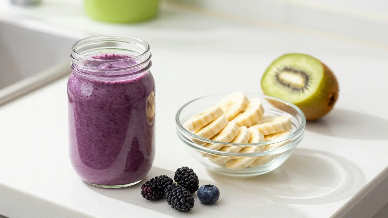 Zdravé snídani s ovocným smoothie, banány a kiwi