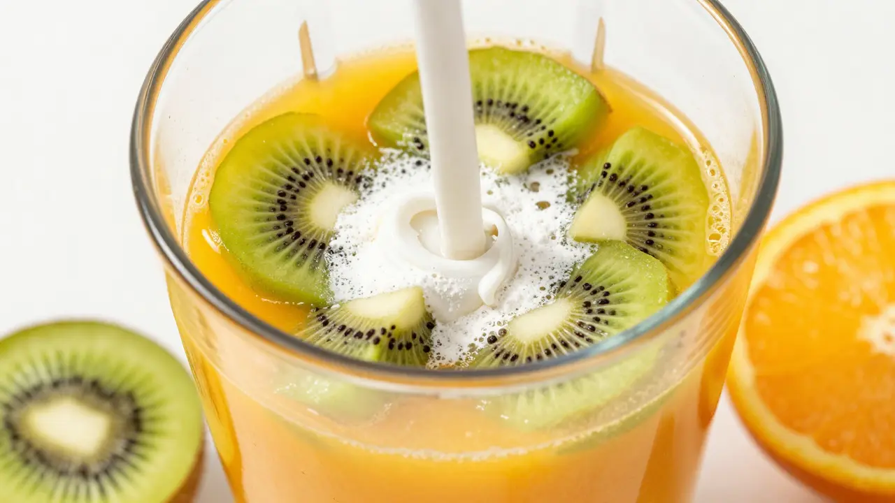 Zdravý smoothie s pomerančovou šťávou, kiwi a kolagenem