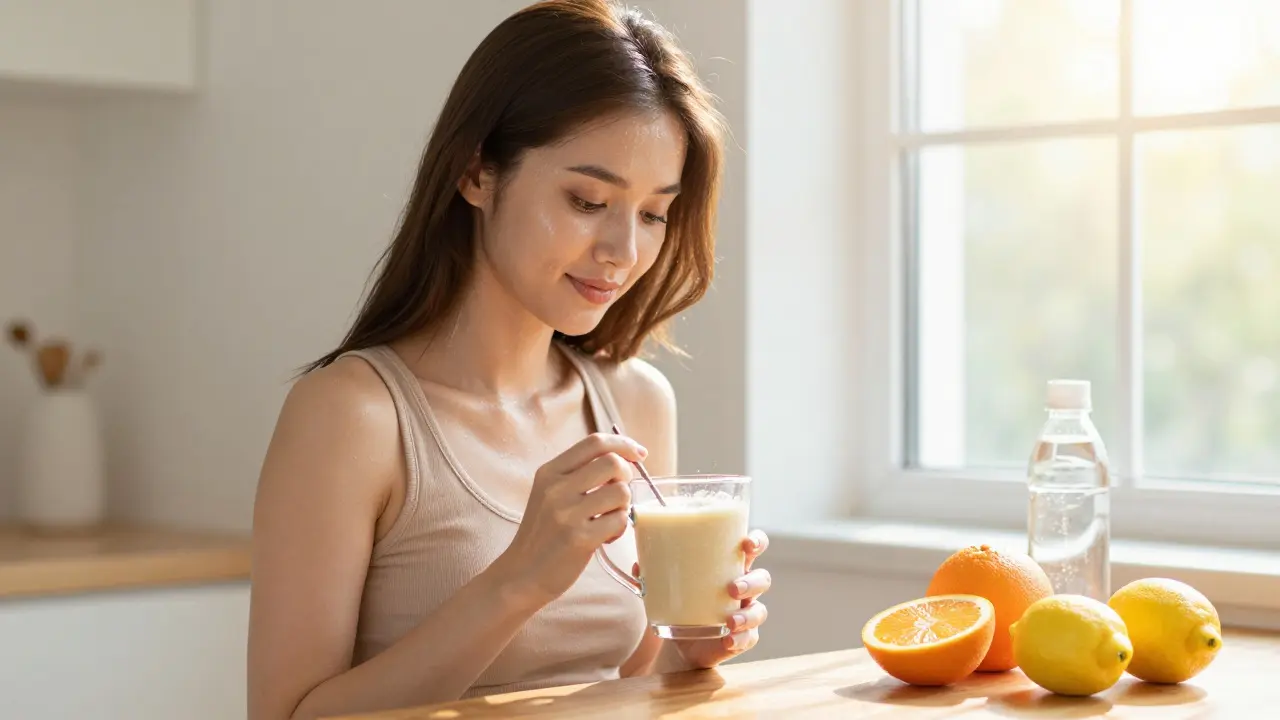 Žena s drinkem obohaceným o kolagen a citrony pro zdraví pleti