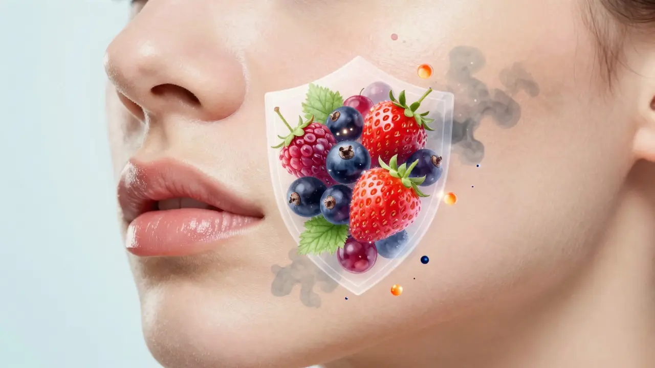 Abstraktní zobrazení ochrany pleti antioxidanty a vitamíny