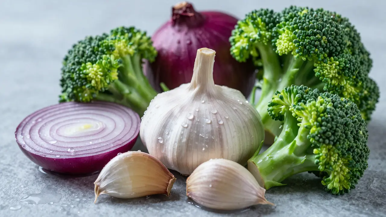 Česnek, červená cibule a brokolice makro záběr