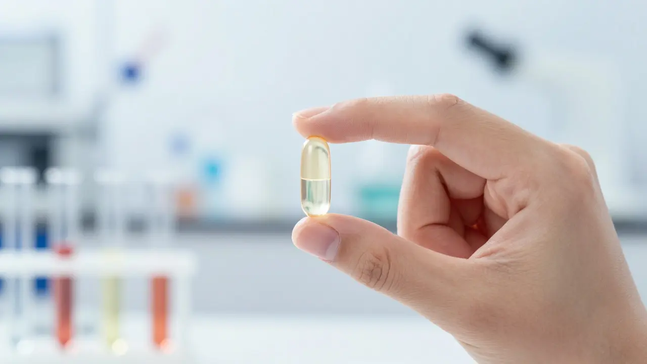 Detail ruky držící kvalitní kapsli doplňku stravy v laboratoři