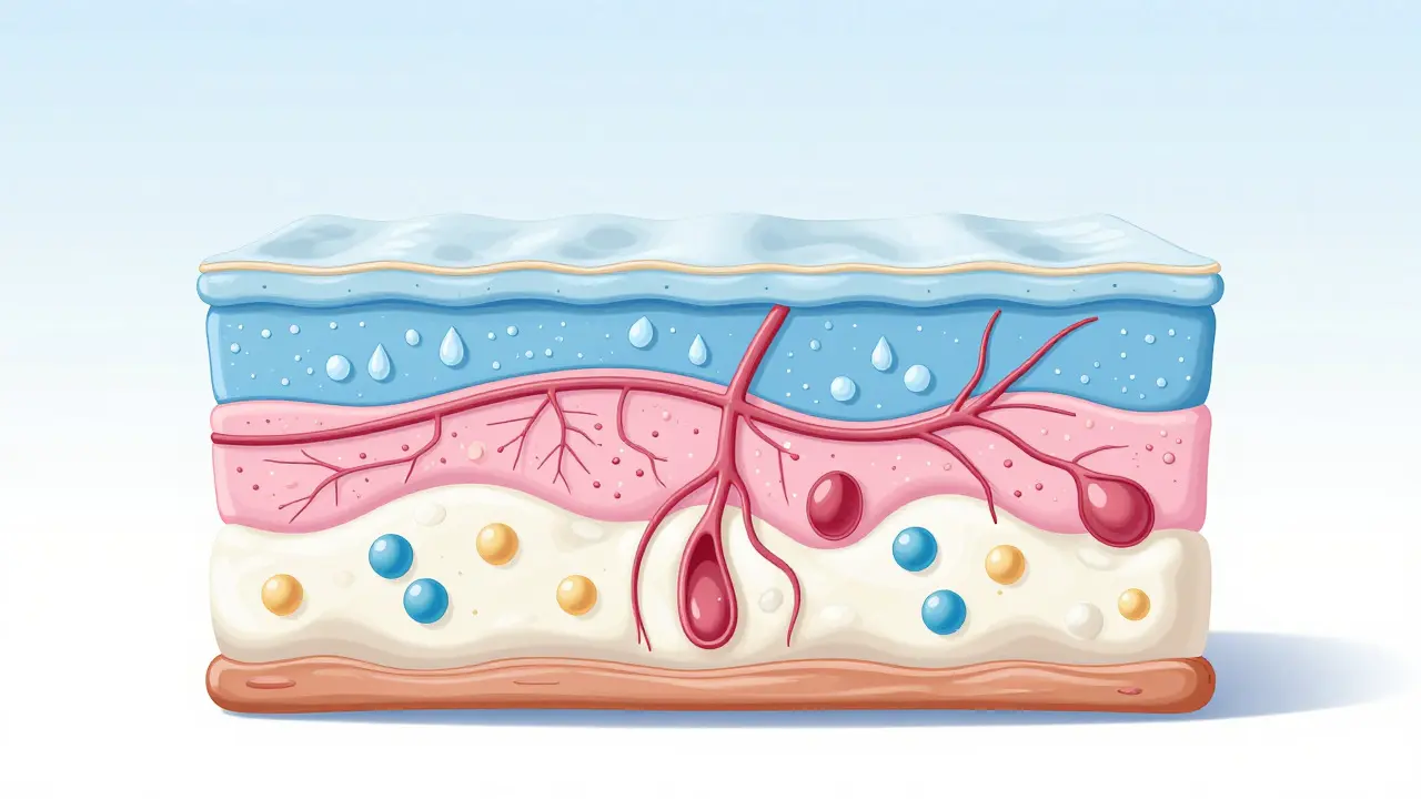 Ilustrace vrstev kůže: epidermis, derma a podkoží
