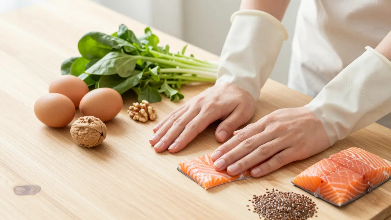 Ruce vedle potravin bohatých na vitaminy pro nehty jako vejce, ořechy a ryby.