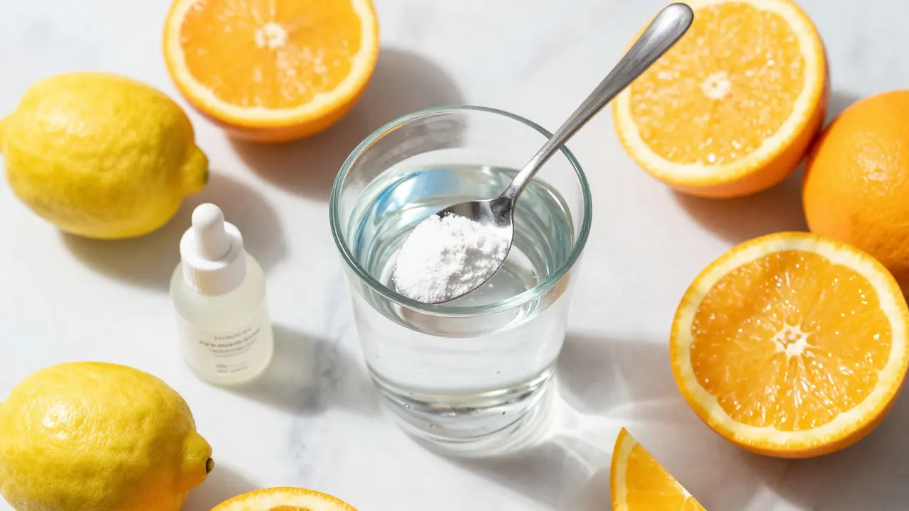 Sklenice vody s práškem, citrony a sérum pro péči o pleť