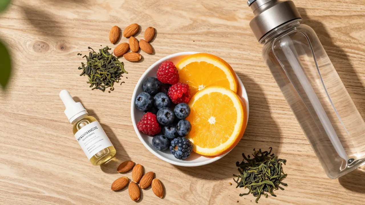 Složky podporující tvorbu kolagenu: ovoce bohaté na vitamín C a ořechy