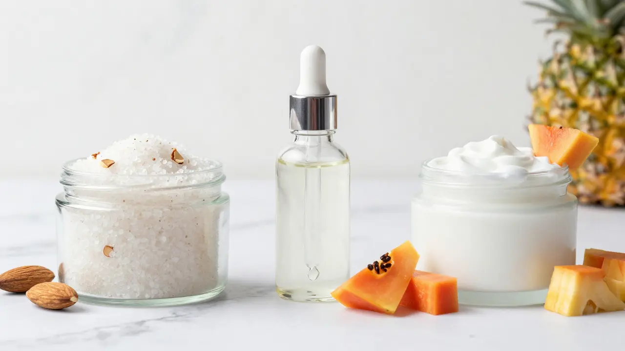 Tři typy peelingu: mechanický scrub, chemické kyseliny a enzymatická maska