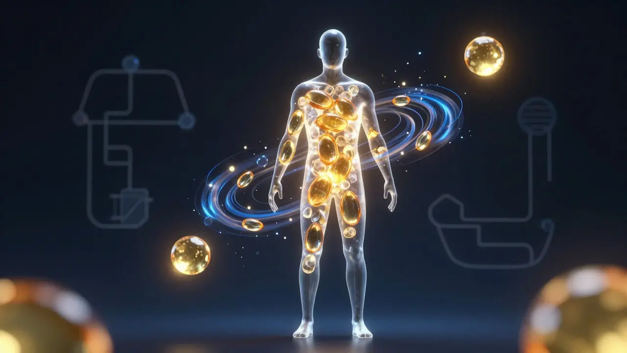 Abstraktní vizualizace vitamínu D3 a Omega-3 v těle