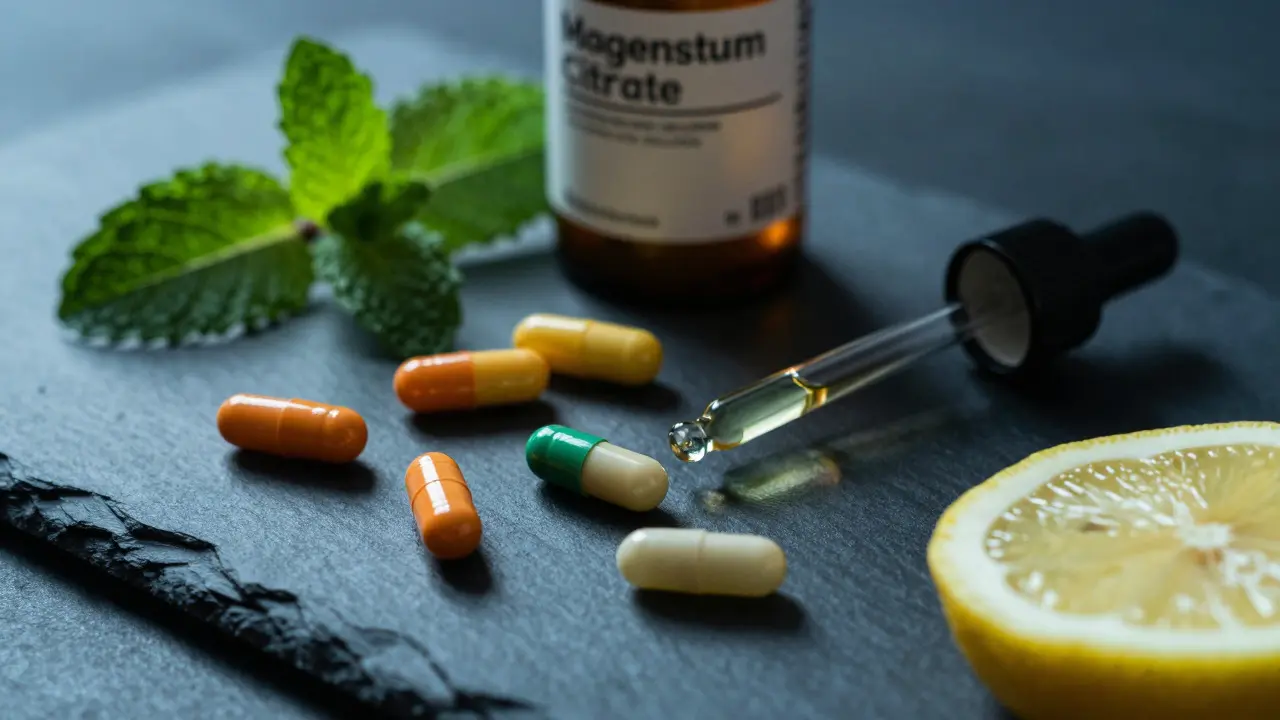 Barevné vitamíny a doplňky stravy rozložené na tmavém kamenném povrchu