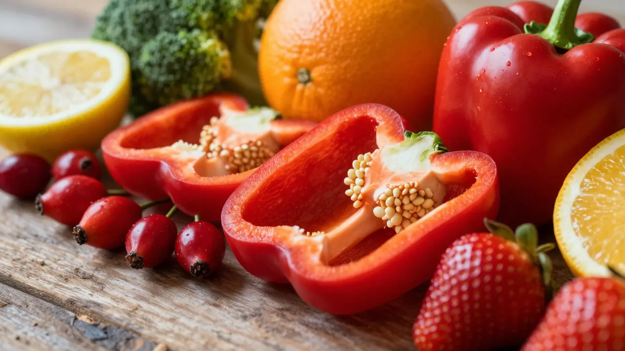 Čerstvé ovoce a zelenina bohaté na vitamin C na dřevěném podkladu