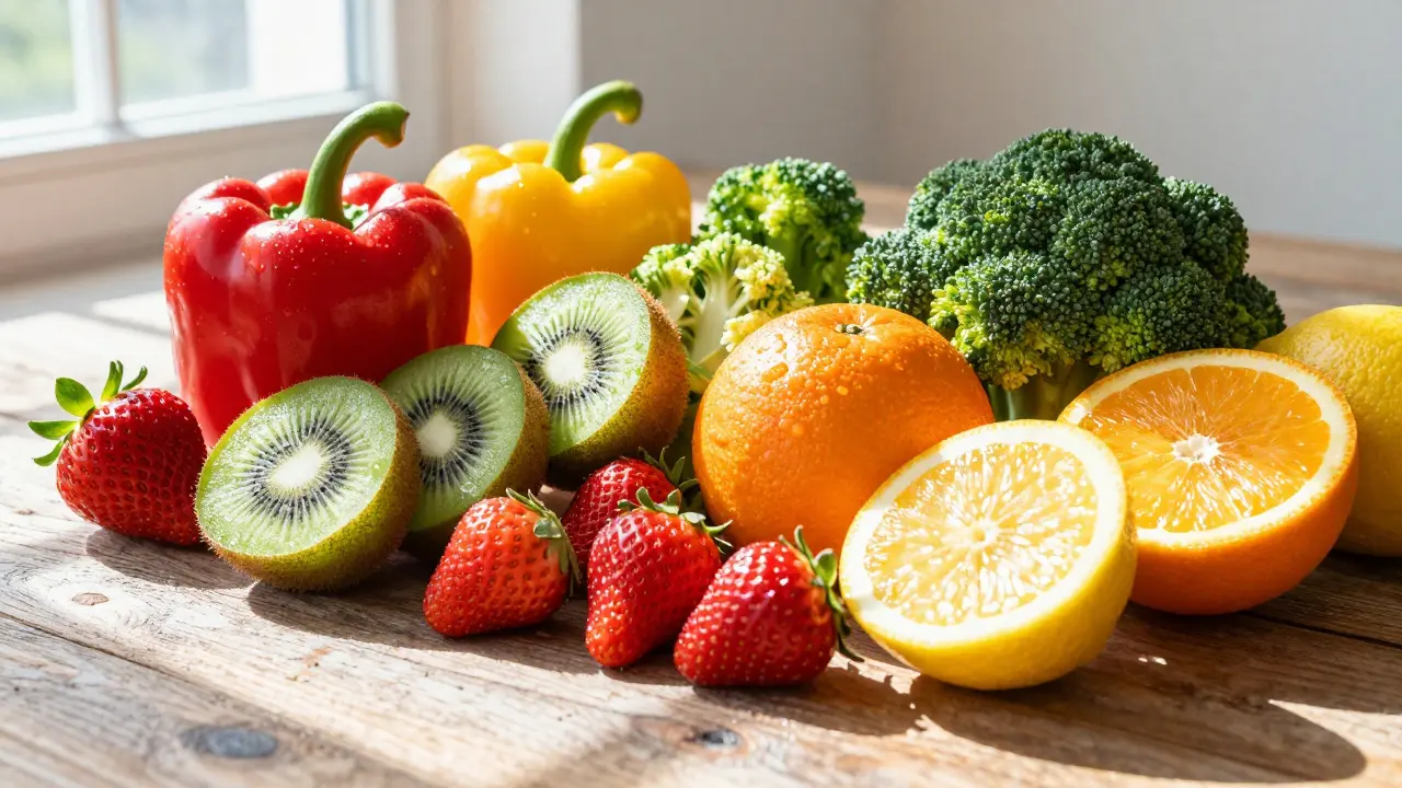 Čerstvé ovoce a zelenina bohaté na vitamín C na dřevěném stole