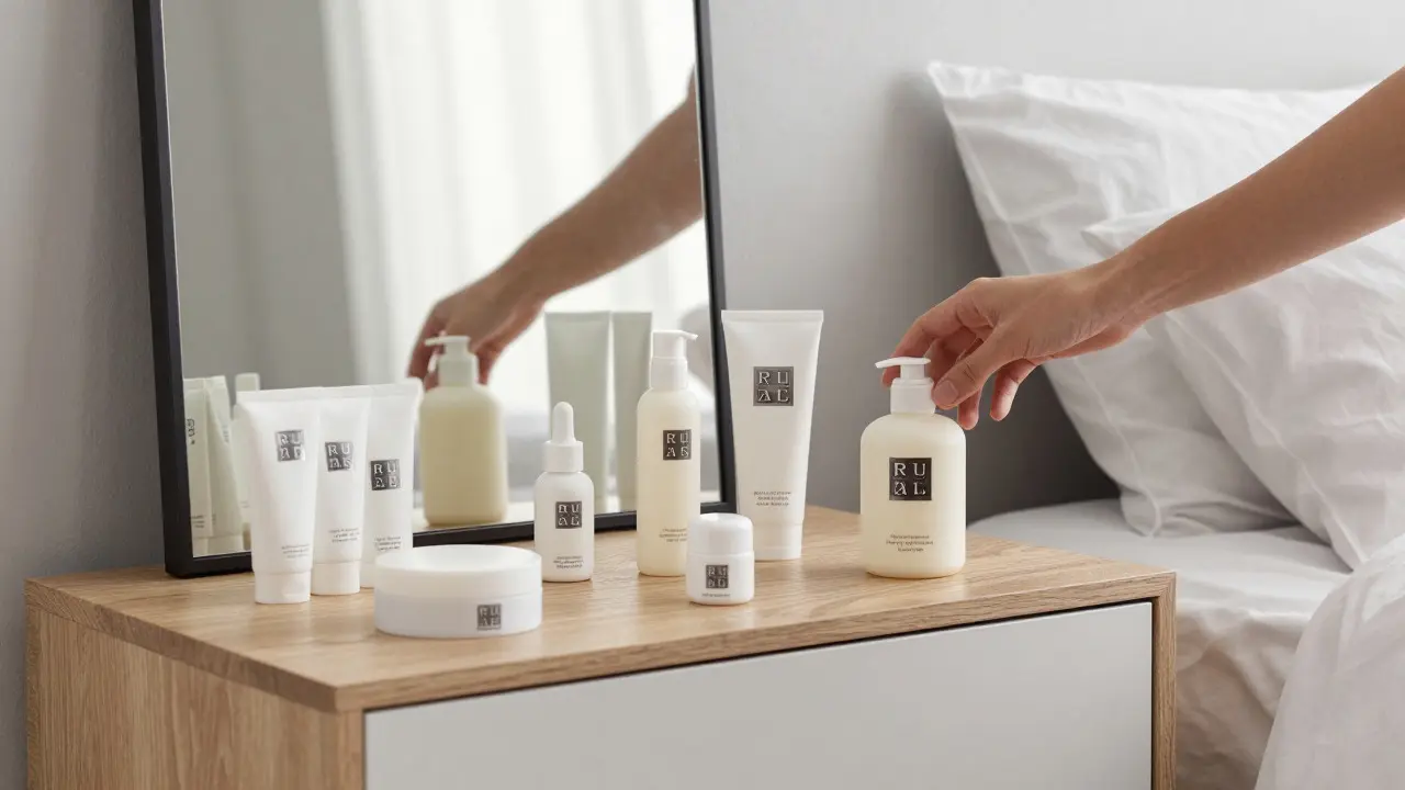 Elegantní uspořádání produktů Rituals na nočním stolku v moderním interiéru