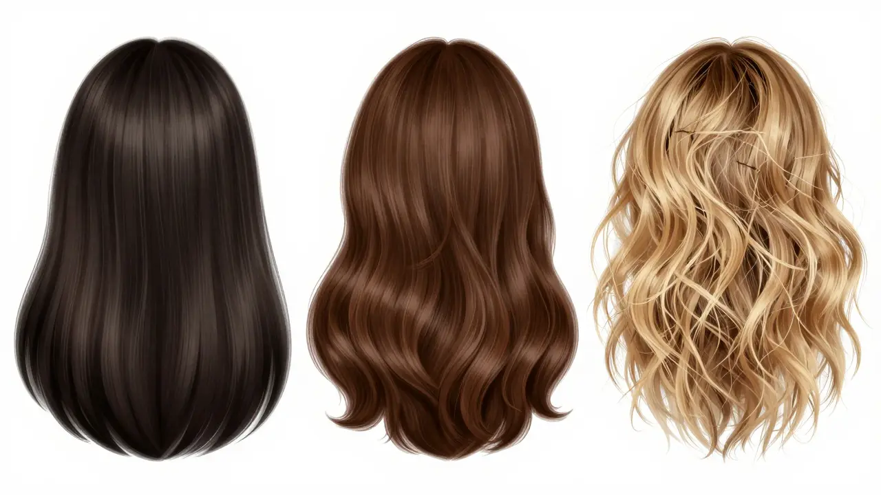 Illustration comparing oily, normal, and dry hair textures side by side