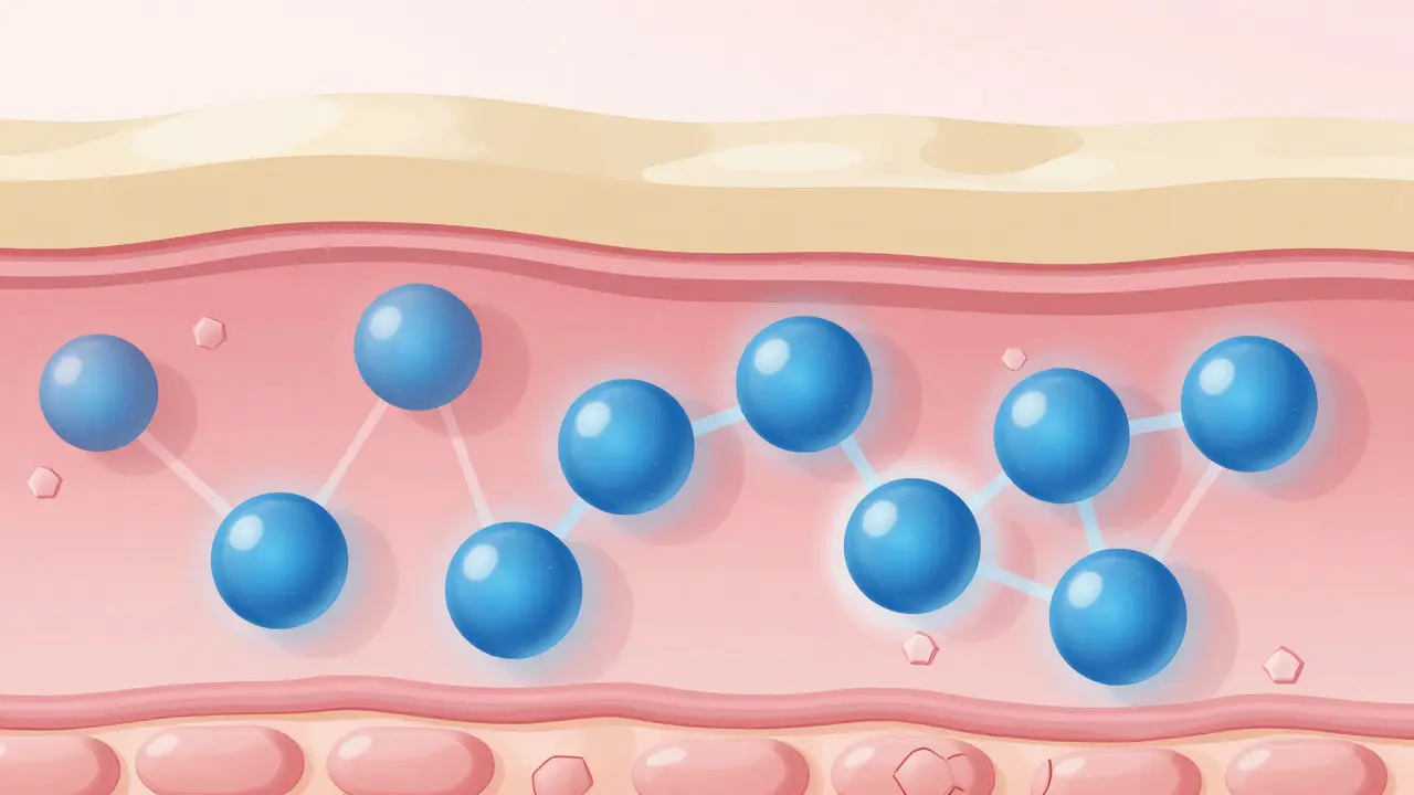 Ilustrace vazby molekul vody glycerinem v koži