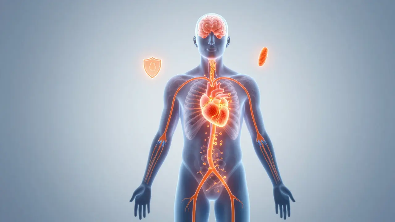 Konceptuální zobrazení absorpce vitamínu C v lidském těle