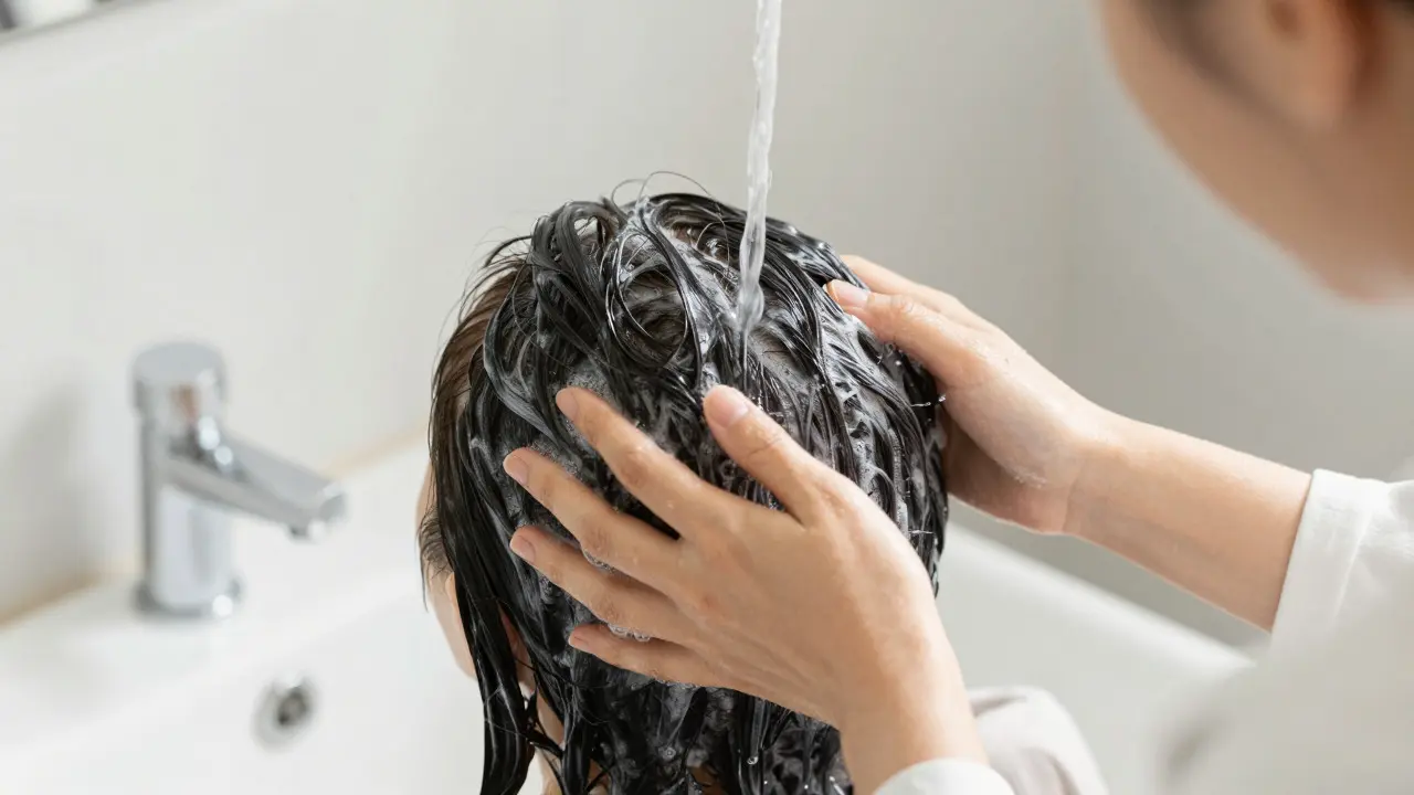 Person gently massaging scalp with fingertips under running water