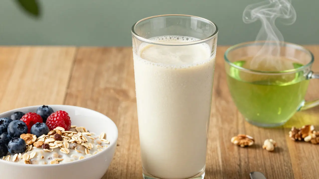 Proteinový nápoj, zdravá snídaně a zelený čaj