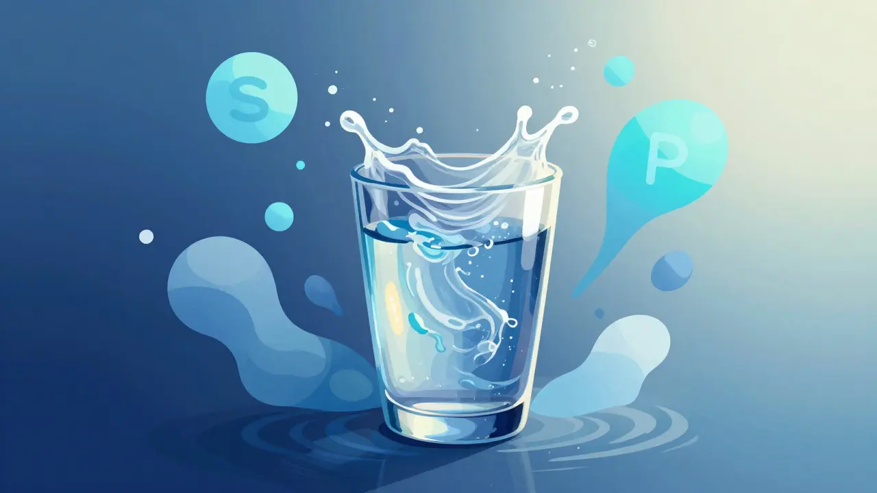 Sklo vody s abstraktními prvky elektrolytů symbolizující hydrataci