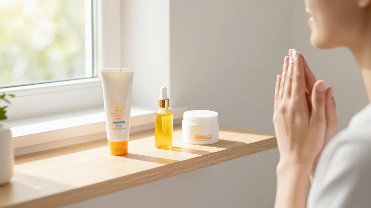 Žena nanáší sluneční krém ráno na vaně s vitamínem C a dalšími produkty