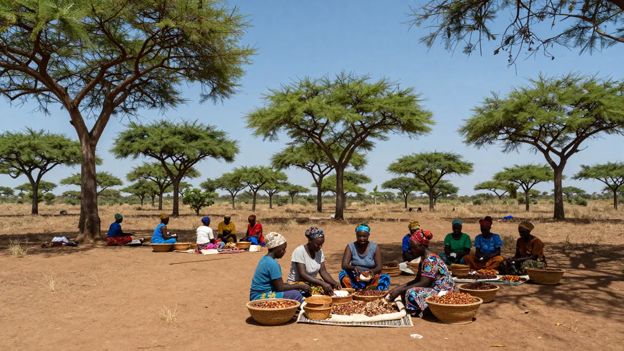 Ženy zpracovávají ořechy karité v africké krajině