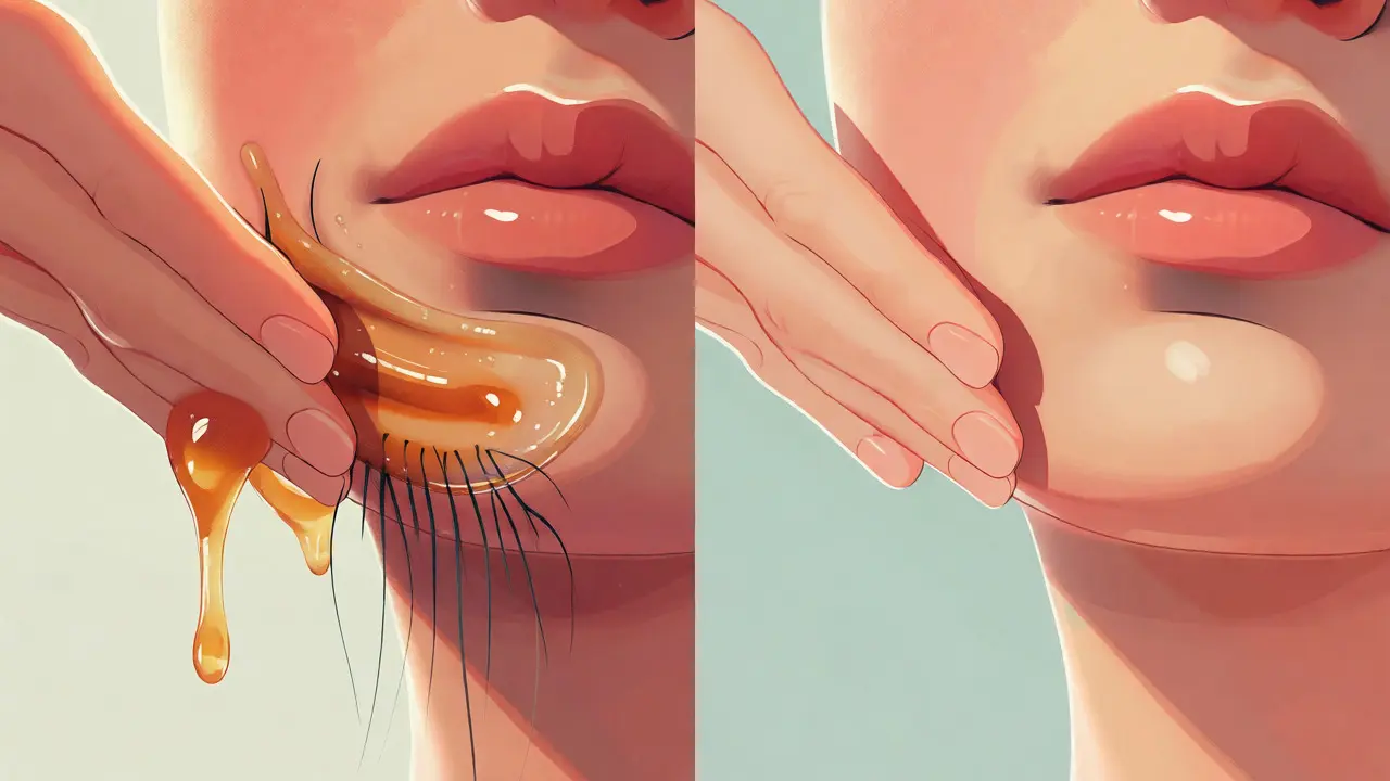 Ilustrace aplikace cukrové pasty na chloupky na bradě