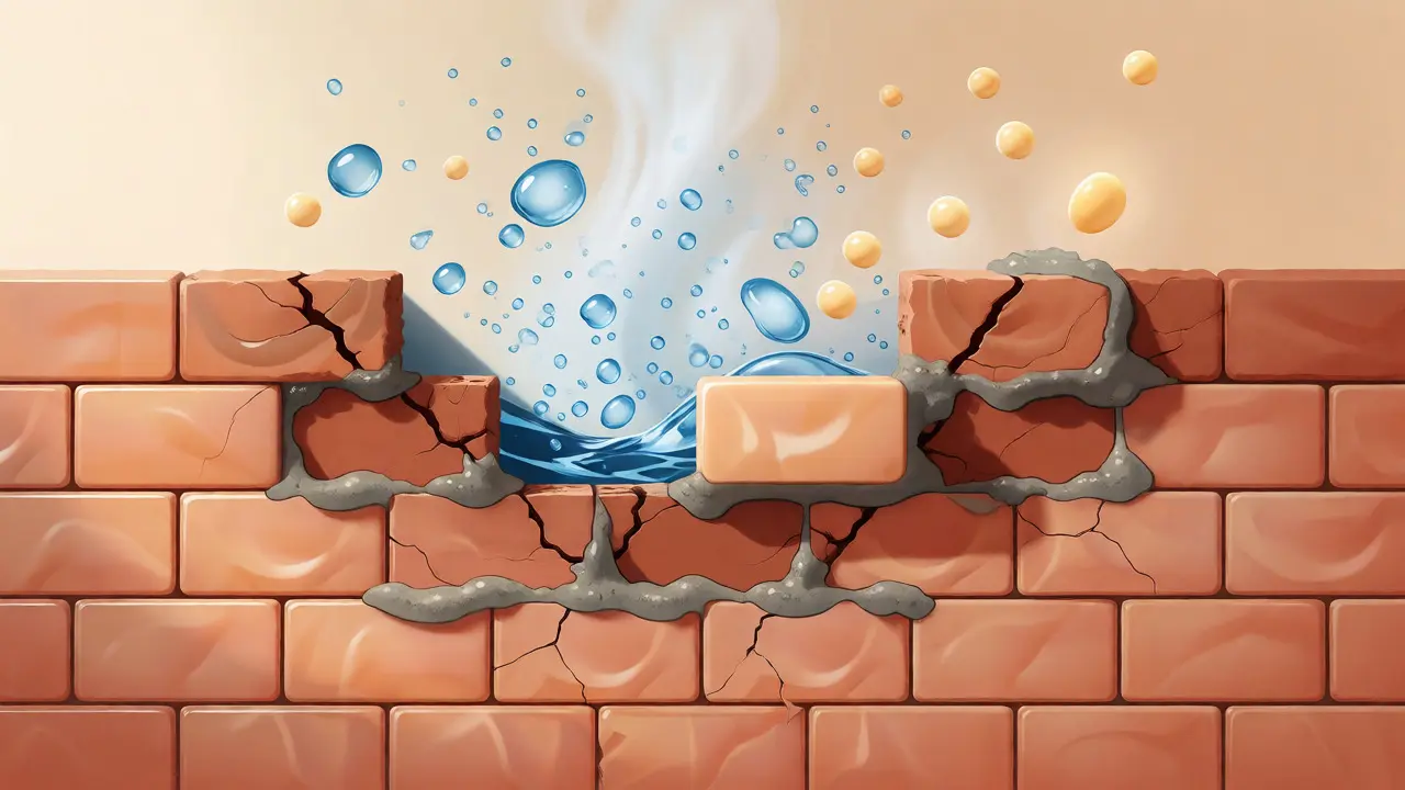 Ilustrace kožní bariéry jako cihlové zdi s chybějící maltou