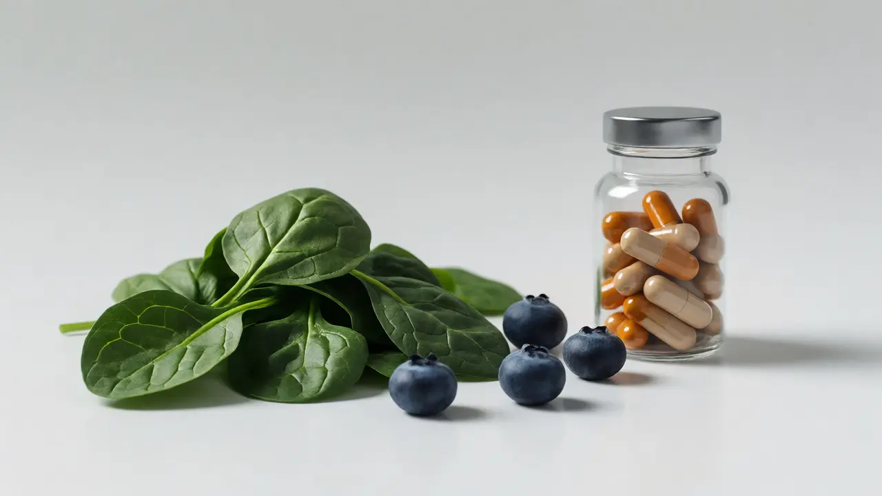 Koncepční foto listové zeleniny a multivitaminových kapslí vedle sebe