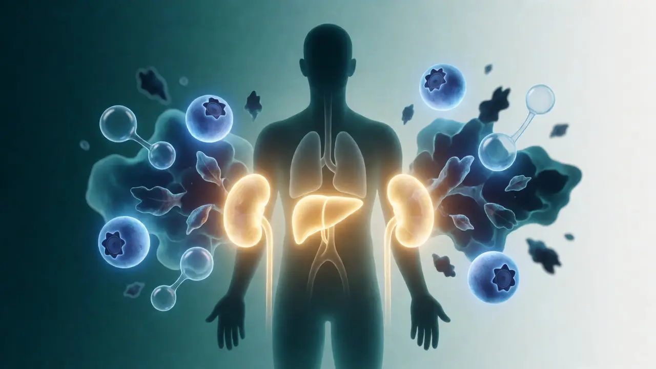Konceptuální ilustrace detoxikace těla s vyznačenými játry a ledvinami.
