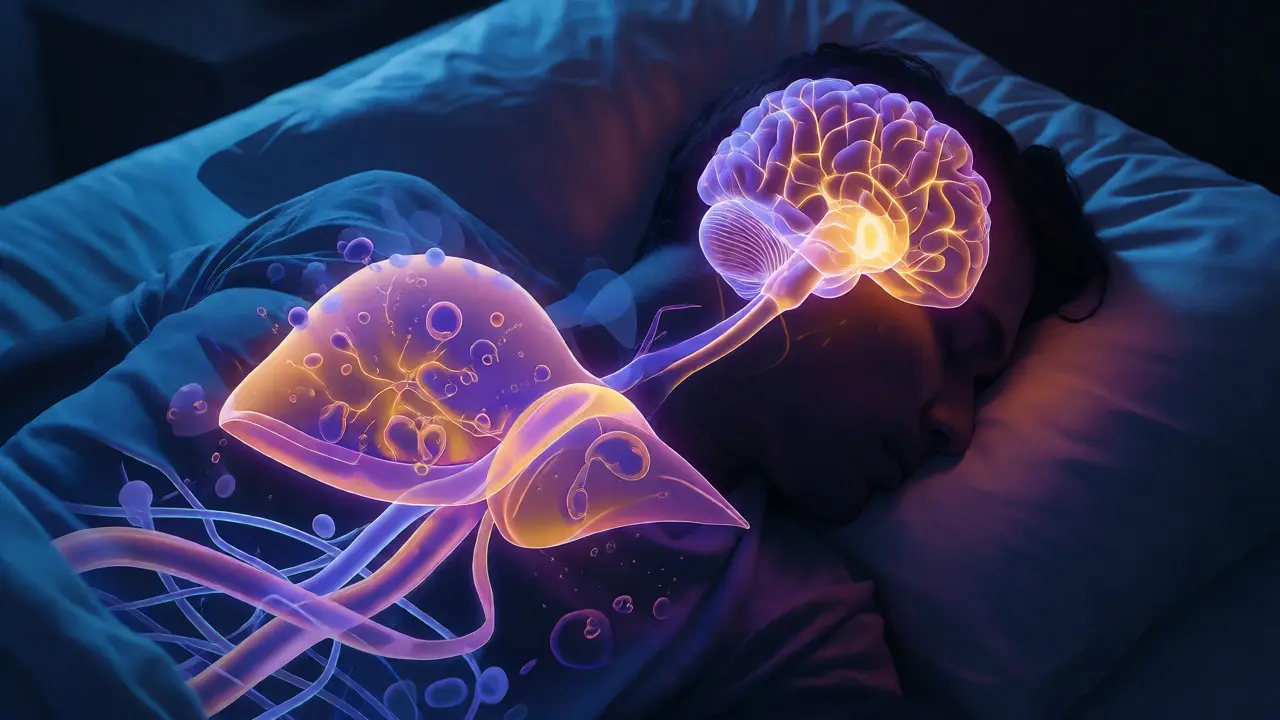 Konceptuální ilustrace regenerace jater a mozku během spánku po detoxikaci.