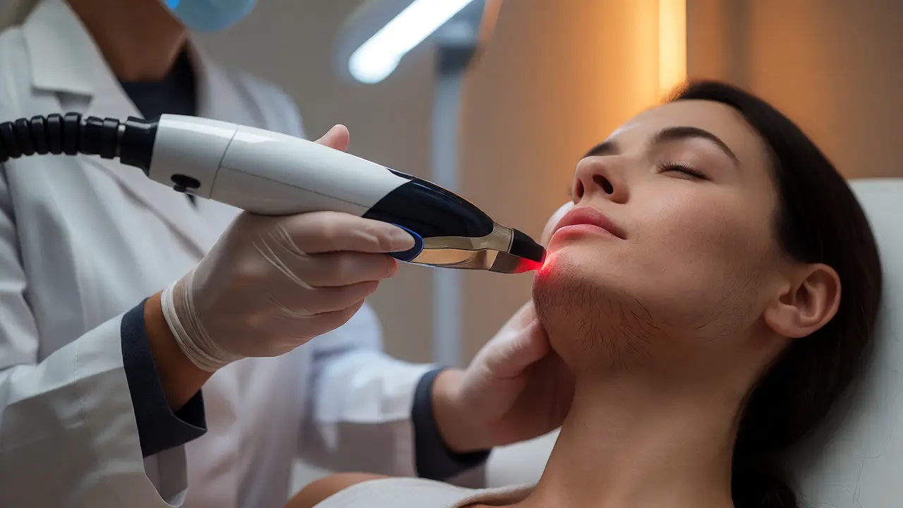 Laserová epilace chloupků na čelisti v klinickém prostředí